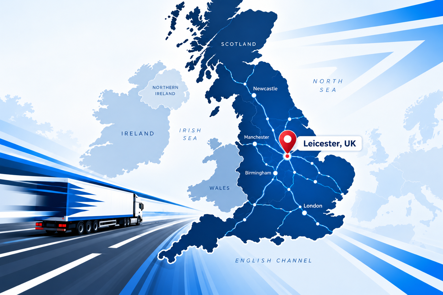 Illustration of the UK with Leicester highlighted and a transport lorry.